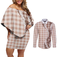 Beige Hawaii Palaka Couples Matching Off Shoulder Short Dress and Long Sleeve Button Shirt Hawaiian Honohono Lei