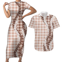 Beige Hawaii Palaka Couples Matching Short Sleeve Bodycon Dress and Hawaiian Shirt Hawaiian Honohono Lei LT05 Beige - Polynesian Pride