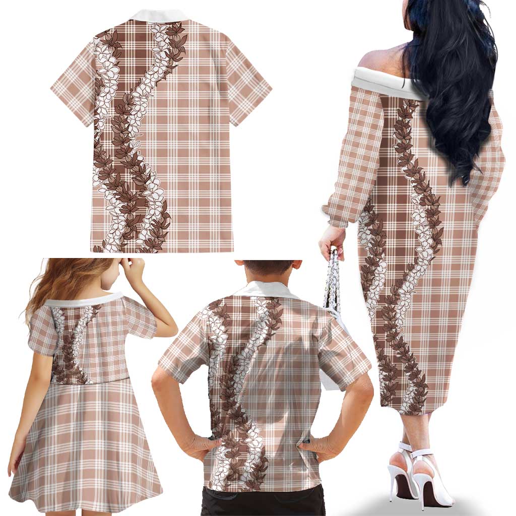 Beige Hawaii Palaka Family Matching Off The Shoulder Long Sleeve Dress and Hawaiian Shirt Hawaiian Honohono Lei LT05 - Polynesian Pride