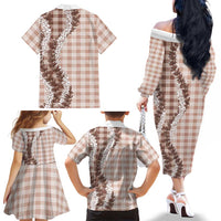 Beige Hawaii Palaka Family Matching Off The Shoulder Long Sleeve Dress and Hawaiian Shirt Hawaiian Honohono Lei LT05 - Polynesian Pride