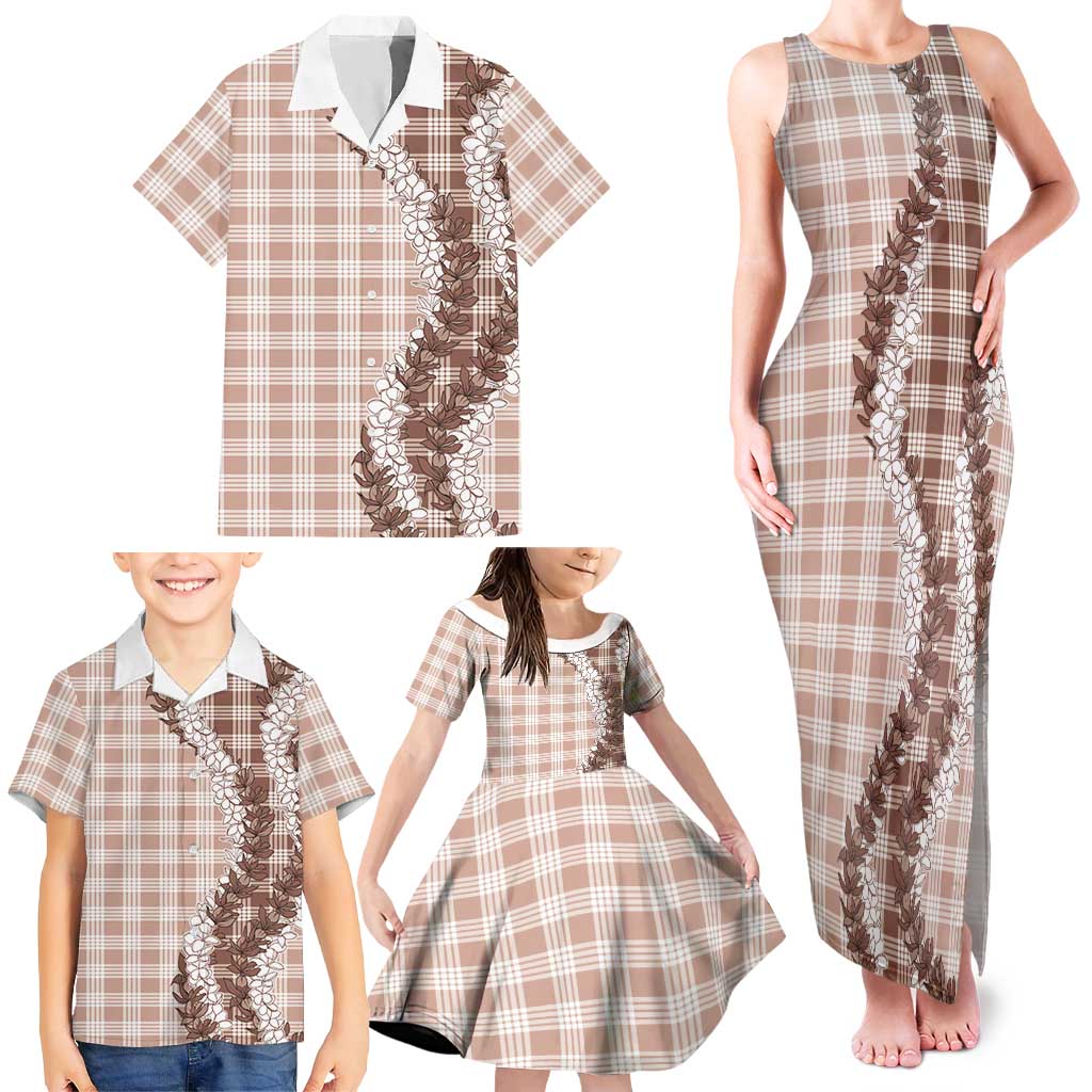 Beige Hawaii Palaka Family Matching Tank Maxi Dress and Hawaiian Shirt Hawaiian Honohono Lei