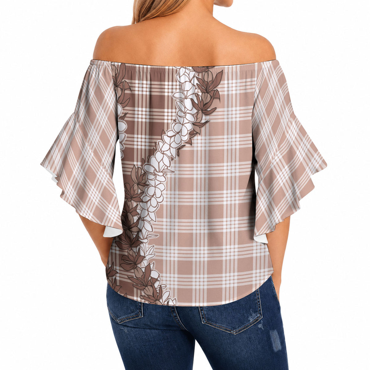 Beige Hawaii Palaka Off Shoulder Wrap Waist Top Hawaiian Honohono Lei LT05 - Polynesian Pride