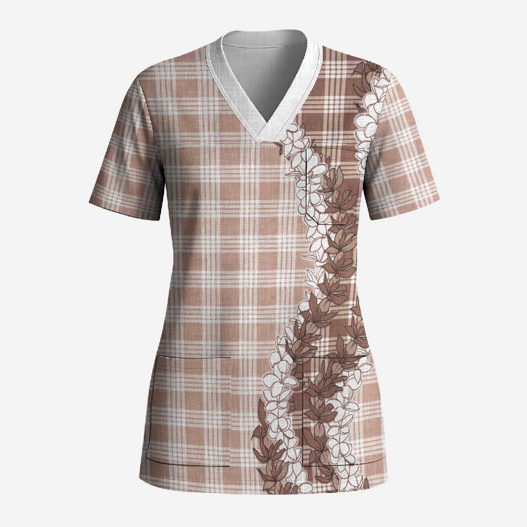Beige Hawaii Palaka Scrub Top Hawaiian Honohono Lei