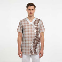 Beige Hawaii Palaka Scrub Top Hawaiian Honohono Lei