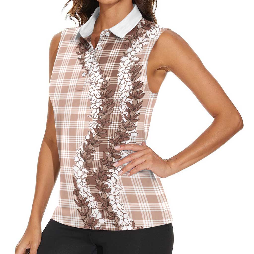 Beige Hawaii Palaka Women Sleeveless Polo Shirt Hawaiian Honohono Lei