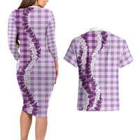 Violet Hawaii Palaka Couples Matching Long Sleeve Bodycon Dress and Hawaiian Shirt Hawaiian Honohono Lei LT05 - Polynesian Pride