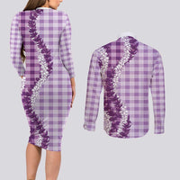 Violet Hawaii Palaka Couples Matching Long Sleeve Bodycon Dress and Long Sleeve Button Shirt Hawaiian Honohono Lei LT05 - Polynesian Pride