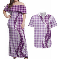 Violet Hawaii Palaka Couples Matching Off Shoulder Maxi Dress and Hawaiian Shirt Hawaiian Honohono Lei LT05 Violet - Polynesian Pride