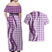 Violet Hawaii Palaka Couples Matching Off Shoulder Maxi Dress and Hawaiian Shirt Hawaiian Honohono Lei LT05 - Polynesian Pride