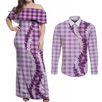 Violet Hawaii Palaka Couples Matching Off Shoulder Maxi Dress and Long Sleeve Button Shirt Hawaiian Honohono Lei