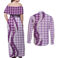 Violet Hawaii Palaka Couples Matching Off Shoulder Maxi Dress and Long Sleeve Button Shirt Hawaiian Honohono Lei