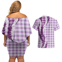 Violet Hawaii Palaka Couples Matching Off Shoulder Short Dress and Hawaiian Shirt Hawaiian Honohono Lei LT05 - Polynesian Pride