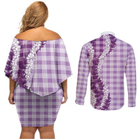 Violet Hawaii Palaka Couples Matching Off Shoulder Short Dress and Long Sleeve Button Shirt Hawaiian Honohono Lei