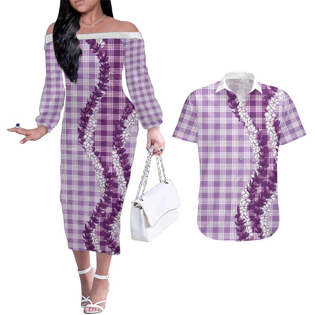 Violet Hawaii Palaka Couples Matching Off The Shoulder Long Sleeve Dress and Hawaiian Shirt Hawaiian Honohono Lei LT05 Violet - Polynesian Pride