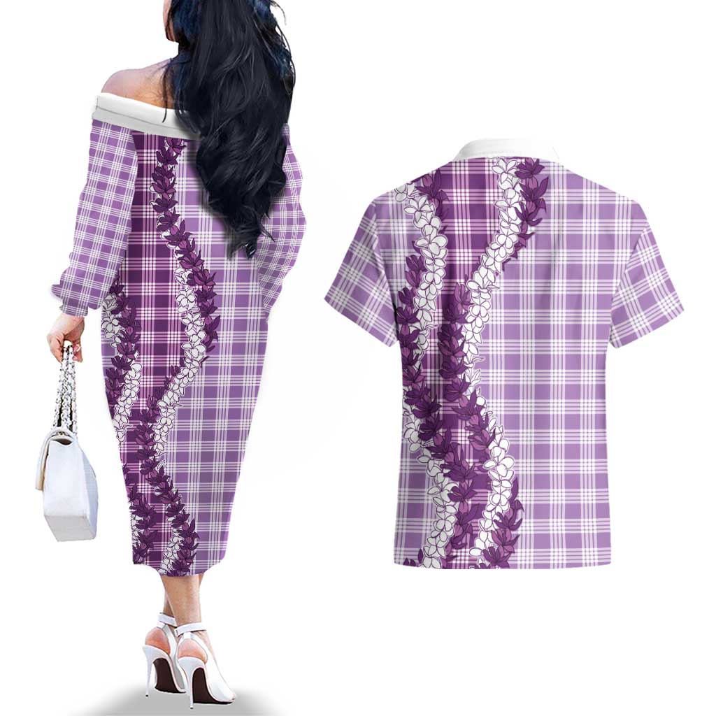 Violet Hawaii Palaka Couples Matching Off The Shoulder Long Sleeve Dress and Hawaiian Shirt Hawaiian Honohono Lei LT05 - Polynesian Pride