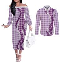 Violet Hawaii Palaka Couples Matching Off The Shoulder Long Sleeve Dress and Long Sleeve Button Shirt Hawaiian Honohono Lei LT05 Violet - Polynesian Pride