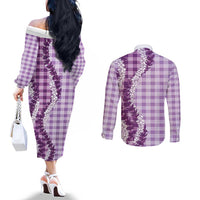 Violet Hawaii Palaka Couples Matching Off The Shoulder Long Sleeve Dress and Long Sleeve Button Shirt Hawaiian Honohono Lei LT05 - Polynesian Pride