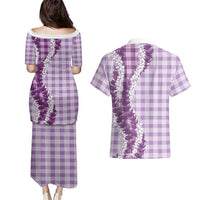 Violet Hawaii Palaka Couples Matching Puletasi and Hawaiian Shirt Hawaiian Honohono Lei