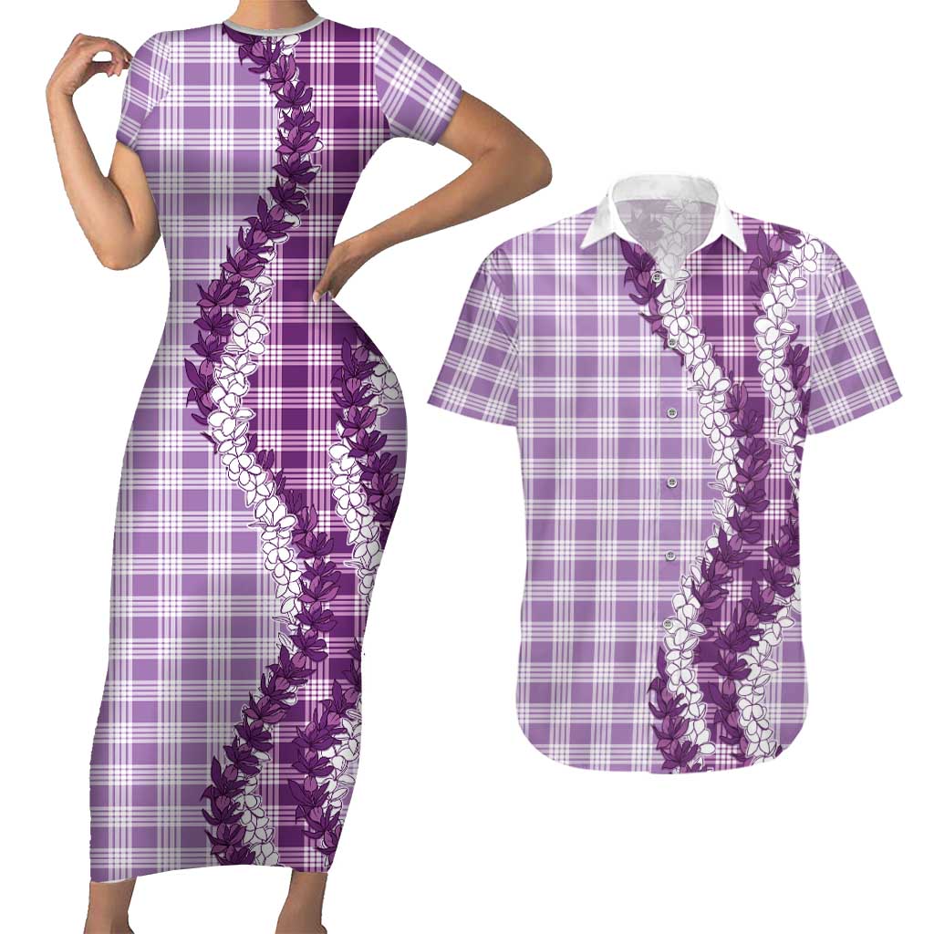 Violet Hawaii Palaka Couples Matching Short Sleeve Bodycon Dress and Hawaiian Shirt Hawaiian Honohono Lei LT05 Violet - Polynesian Pride