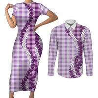Violet Hawaii Palaka Couples Matching Short Sleeve Bodycon Dress and Long Sleeve Button Shirt Hawaiian Honohono Lei LT05 Violet - Polynesian Pride