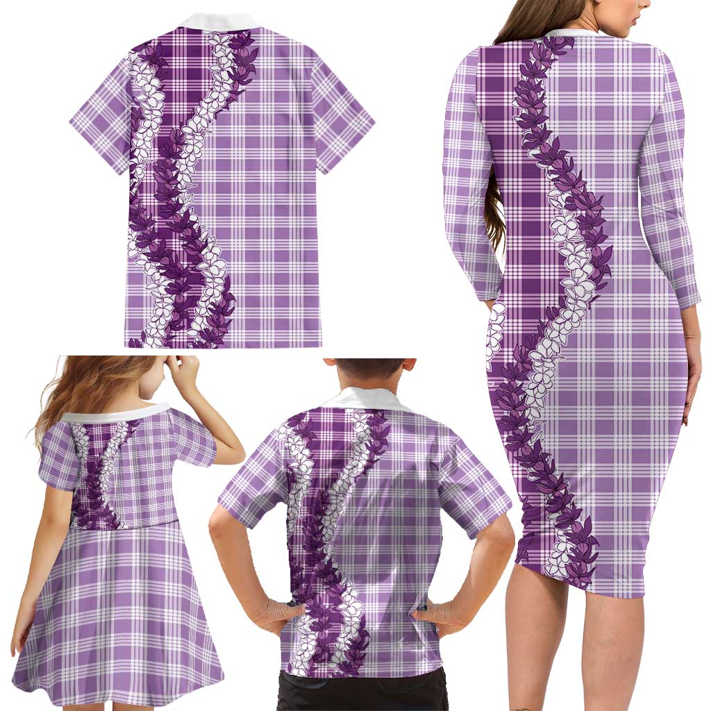Violet Hawaii Palaka Family Matching Long Sleeve Bodycon Dress and Hawaiian Shirt Hawaiian Honohono Lei LT05 - Polynesian Pride