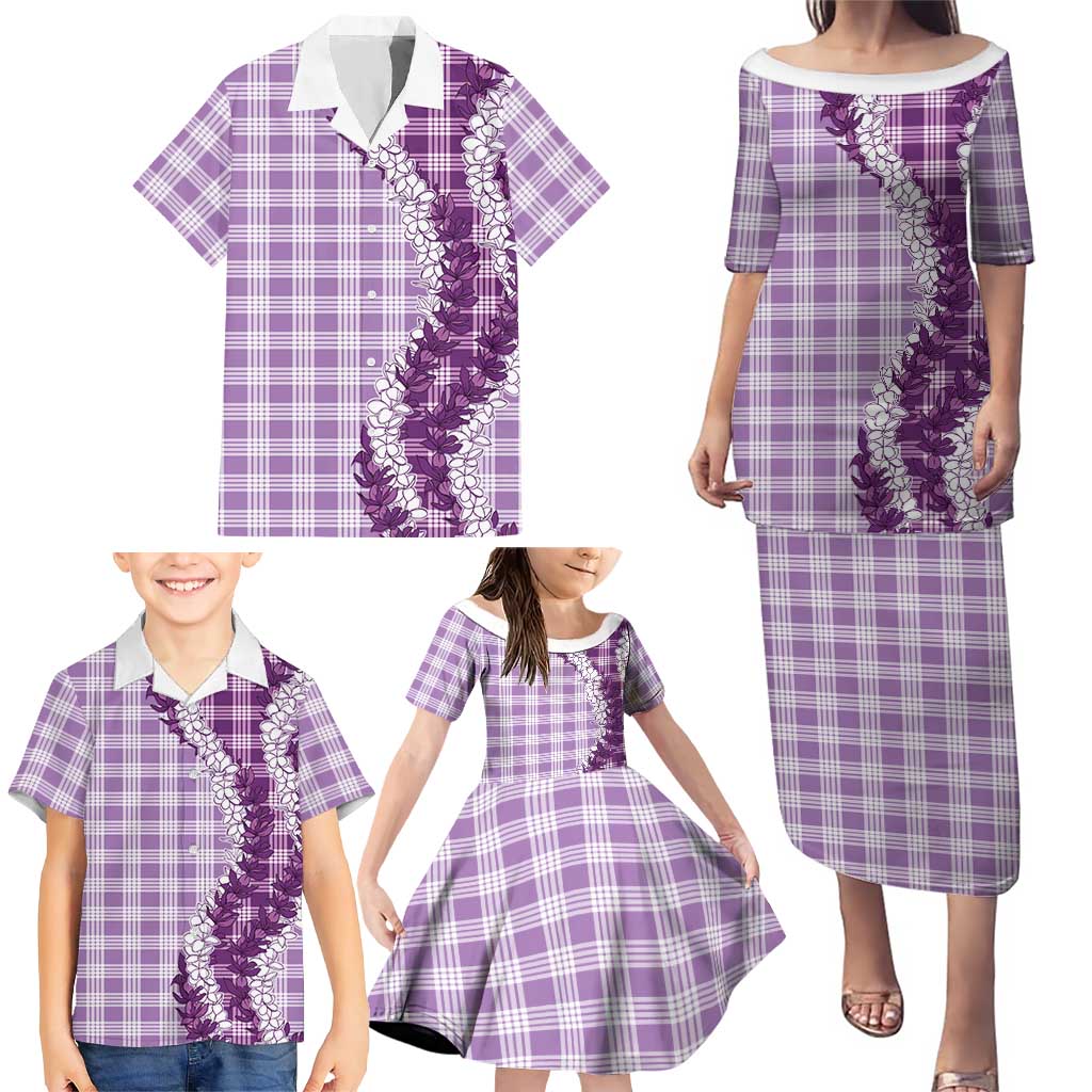 Violet Hawaii Palaka Family Matching Puletasi and Hawaiian Shirt Hawaiian Honohono Lei