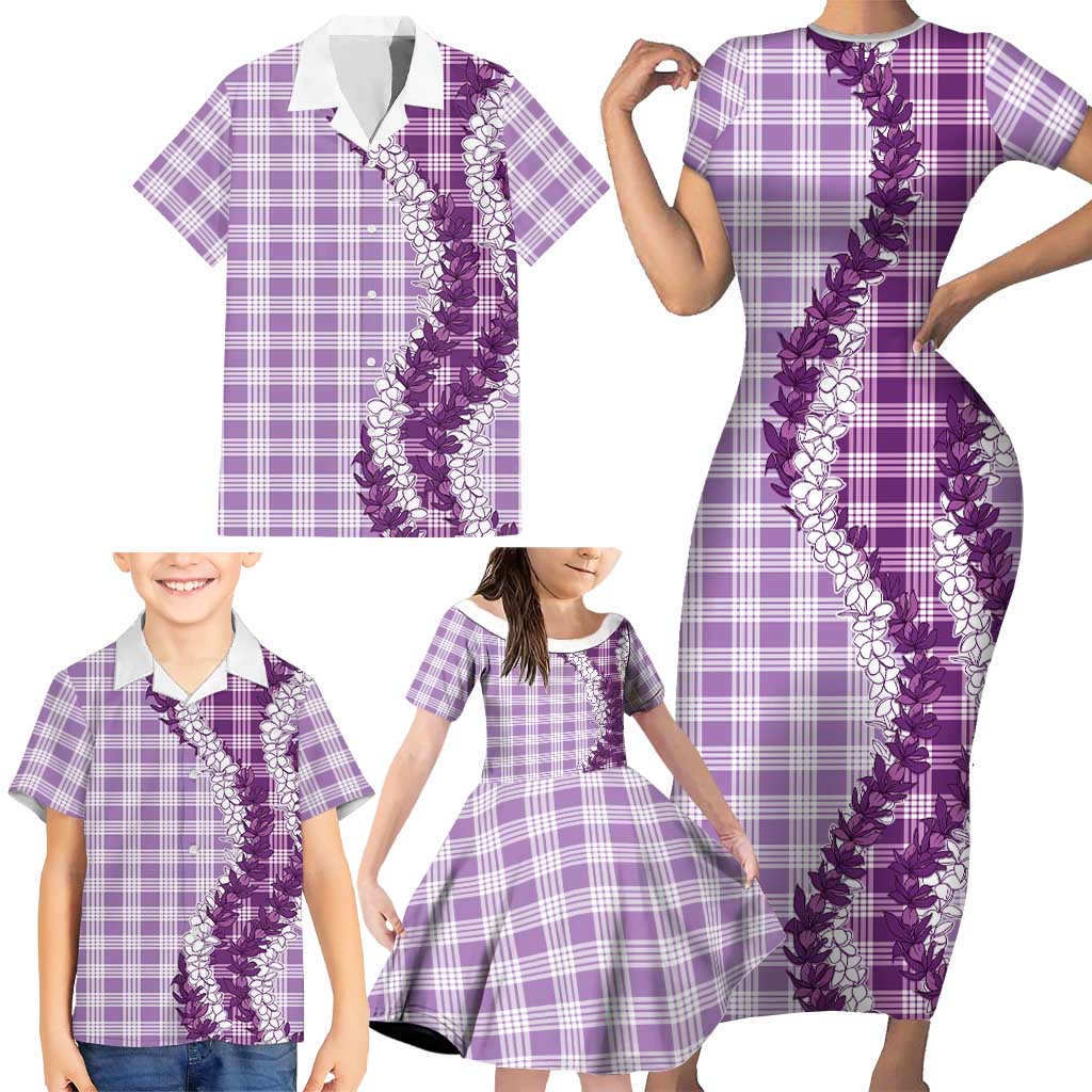 Violet Hawaii Palaka Family Matching Short Sleeve Bodycon Dress and Hawaiian Shirt Hawaiian Honohono Lei