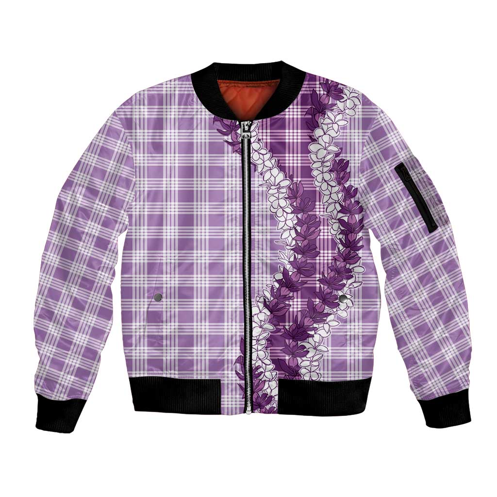 Violet Hawaii Palaka Sleeve Zip Bomber Jacket Hawaiian Honohono Lei