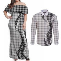 Gray Hawaii Palaka Couples Matching Off Shoulder Maxi Dress and Long Sleeve Button Shirt Hawaiian Honohono Lei LT05 Gray - Polynesian Pride