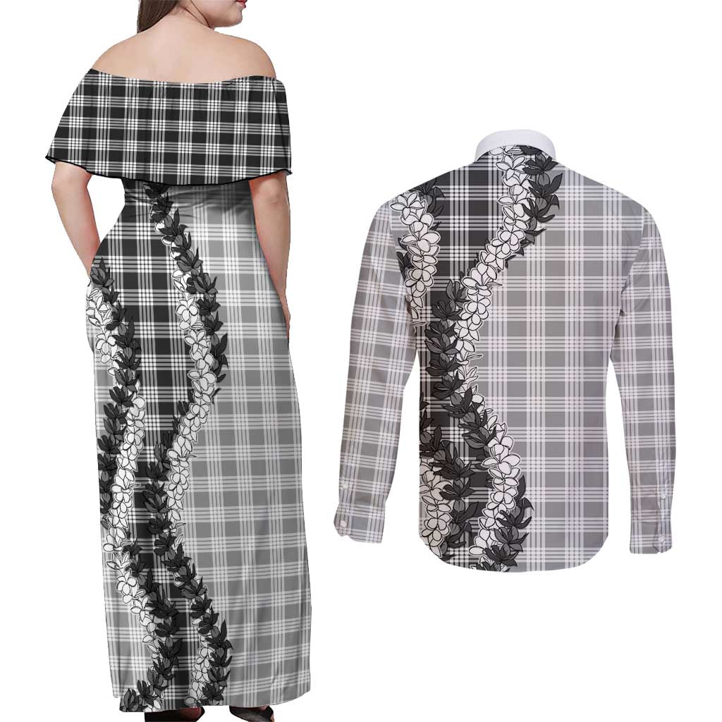Gray Hawaii Palaka Couples Matching Off Shoulder Maxi Dress and Long Sleeve Button Shirt Hawaiian Honohono Lei LT05 - Polynesian Pride