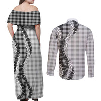 Gray Hawaii Palaka Couples Matching Off Shoulder Maxi Dress and Long Sleeve Button Shirt Hawaiian Honohono Lei LT05 - Polynesian Pride