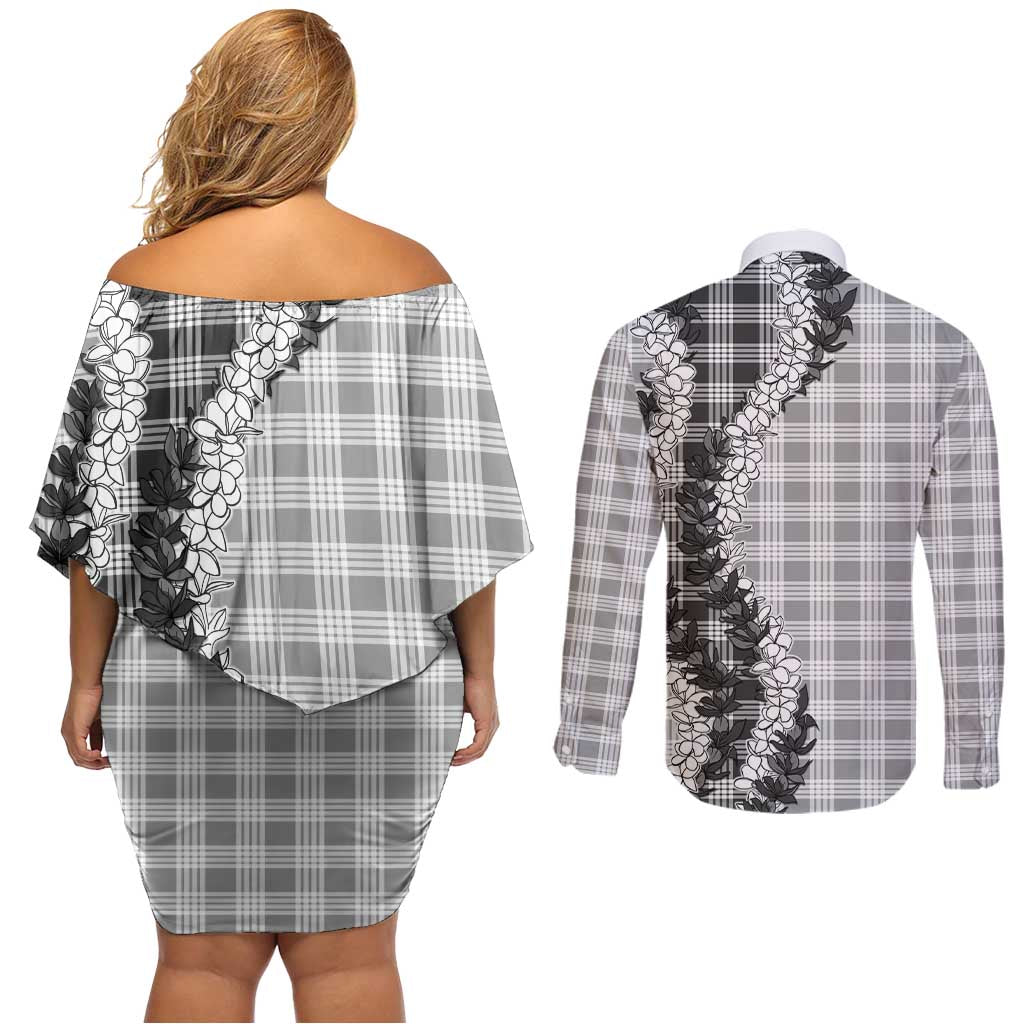 Gray Hawaii Palaka Couples Matching Off Shoulder Short Dress and Long Sleeve Button Shirt Hawaiian Honohono Lei