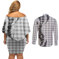 Gray Hawaii Palaka Couples Matching Off Shoulder Short Dress and Long Sleeve Button Shirt Hawaiian Honohono Lei