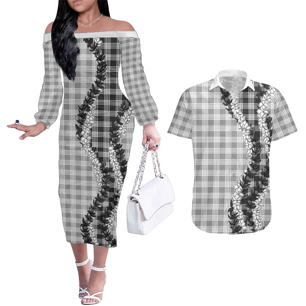 Gray Hawaii Palaka Couples Matching Off The Shoulder Long Sleeve Dress and Hawaiian Shirt Hawaiian Honohono Lei LT05 Gray - Polynesian Pride