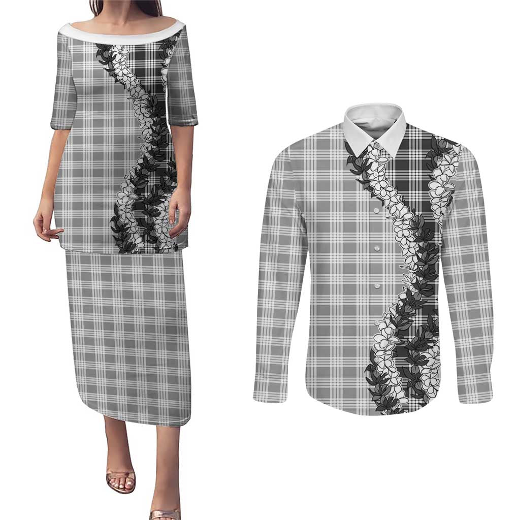 Gray Hawaii Palaka Couples Matching Puletasi and Long Sleeve Button Shirt Hawaiian Honohono Lei