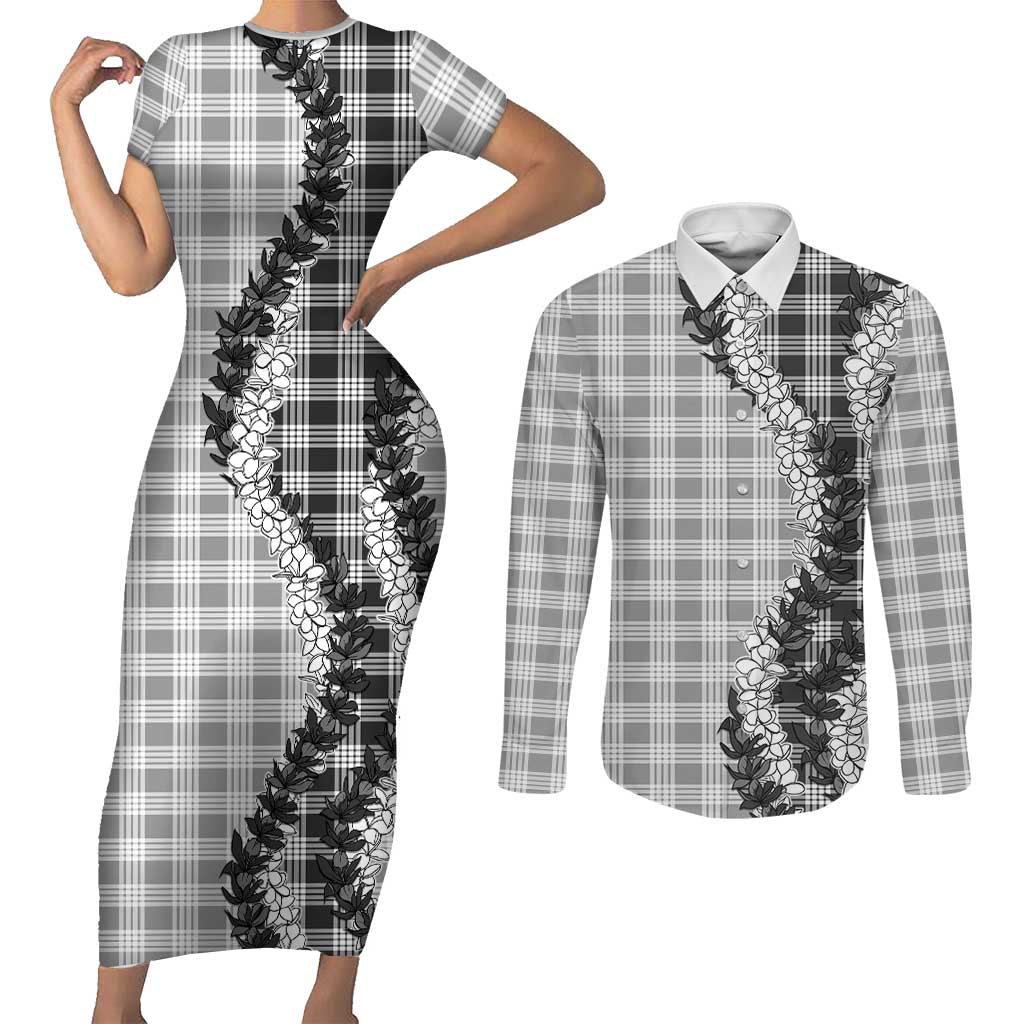 Gray Hawaii Palaka Couples Matching Short Sleeve Bodycon Dress and Long Sleeve Button Shirt Hawaiian Honohono Lei