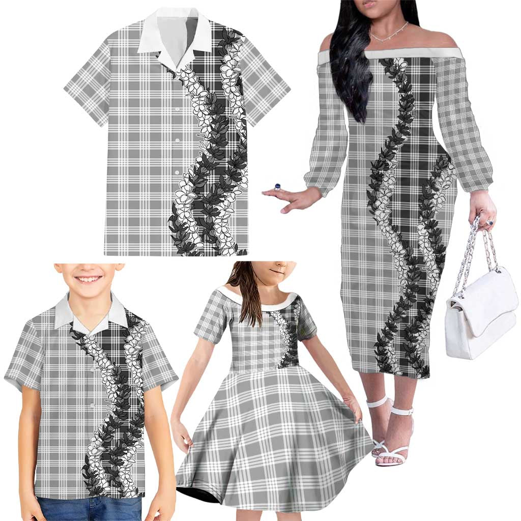 Gray Hawaii Palaka Family Matching Off The Shoulder Long Sleeve Dress and Hawaiian Shirt Hawaiian Honohono Lei LT05 - Polynesian Pride