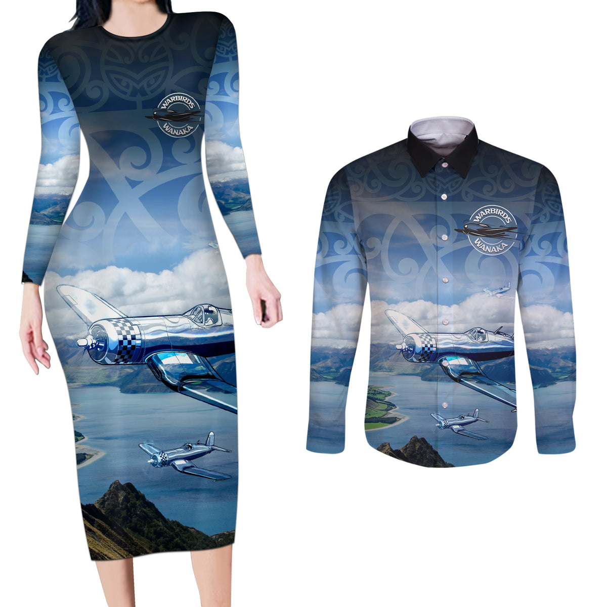 New Zealand Wanaka Air Show Couples Matching Long Sleeve Bodycon Dress and Long Sleeve Button Shirt With Maori Pattern