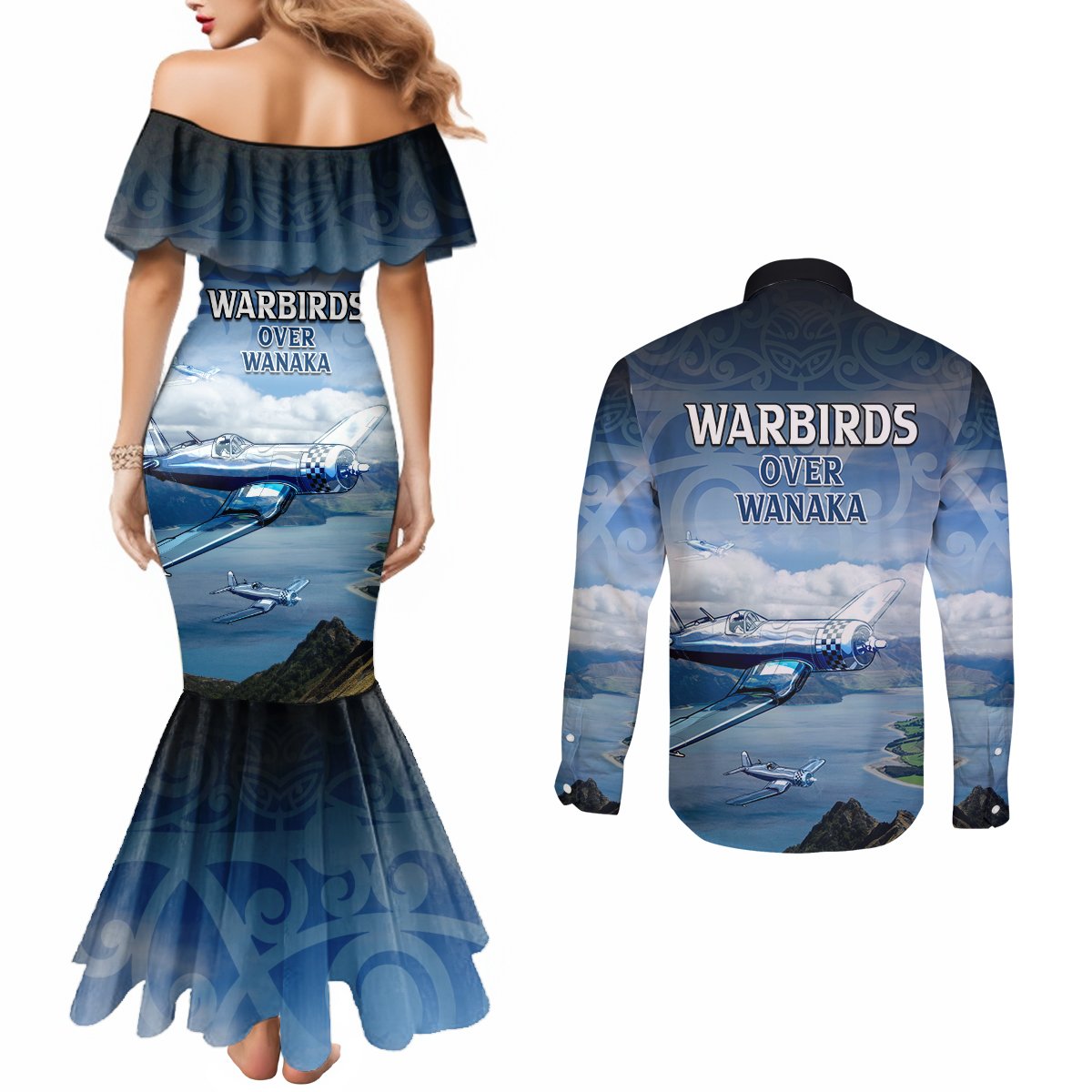 New Zealand Wanaka Air Show Couples Matching Mermaid Dress and Long Sleeve Button Shirt With Maori Pattern