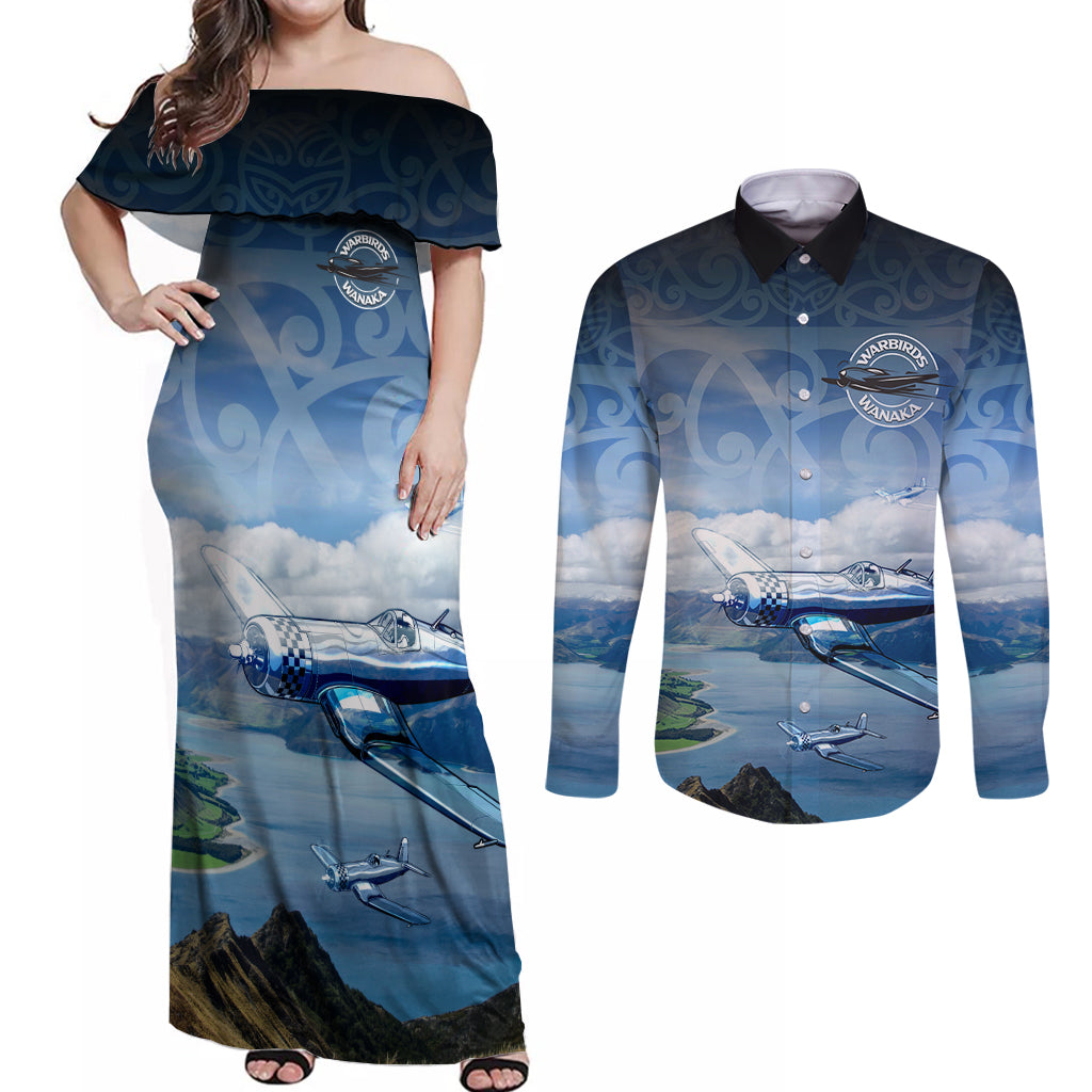 New Zealand Wanaka Air Show Couples Matching Off Shoulder Maxi Dress and Long Sleeve Button Shirt With Maori Pattern LT05 Blue - Polynesian Pride