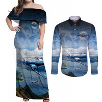 New Zealand Wanaka Air Show Couples Matching Off Shoulder Maxi Dress and Long Sleeve Button Shirt With Maori Pattern LT05 Blue - Polynesian Pride