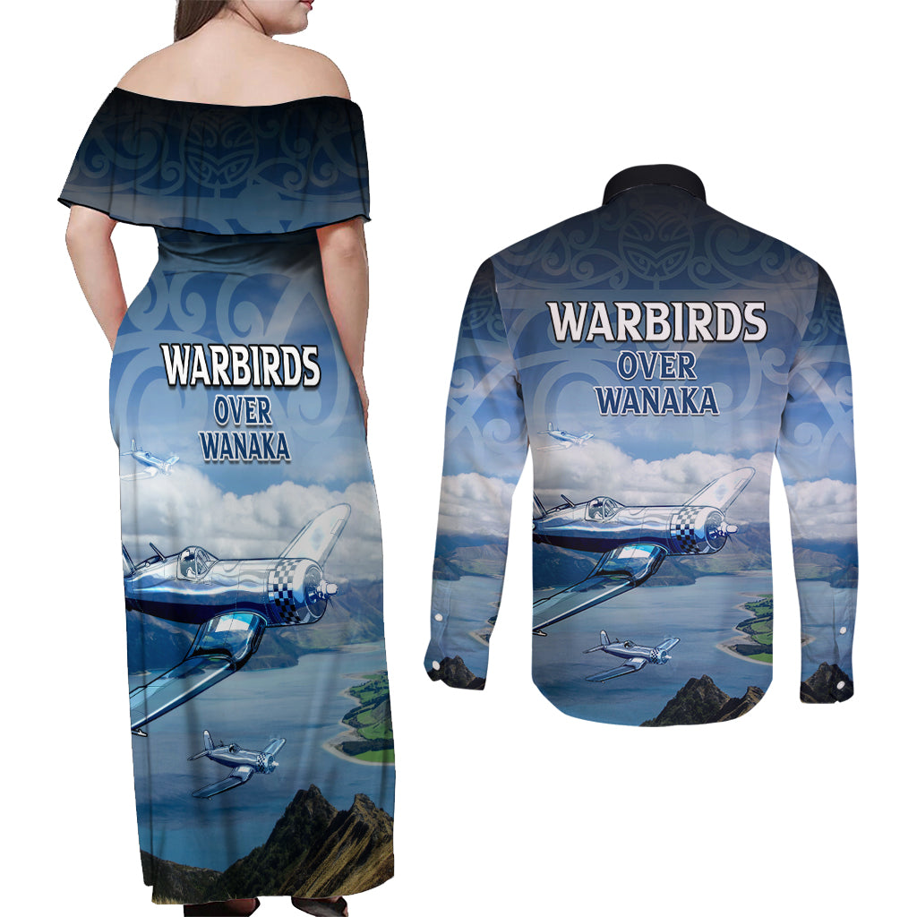 New Zealand Wanaka Air Show Couples Matching Off Shoulder Maxi Dress and Long Sleeve Button Shirt With Maori Pattern LT05 - Polynesian Pride