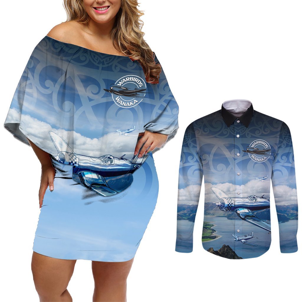 New Zealand Wanaka Air Show Couples Matching Off Shoulder Short Dress and Long Sleeve Button Shirt With Maori Pattern LT05 Blue - Polynesian Pride