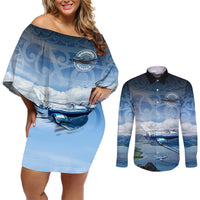 New Zealand Wanaka Air Show Couples Matching Off Shoulder Short Dress and Long Sleeve Button Shirt With Maori Pattern LT05 Blue - Polynesian Pride