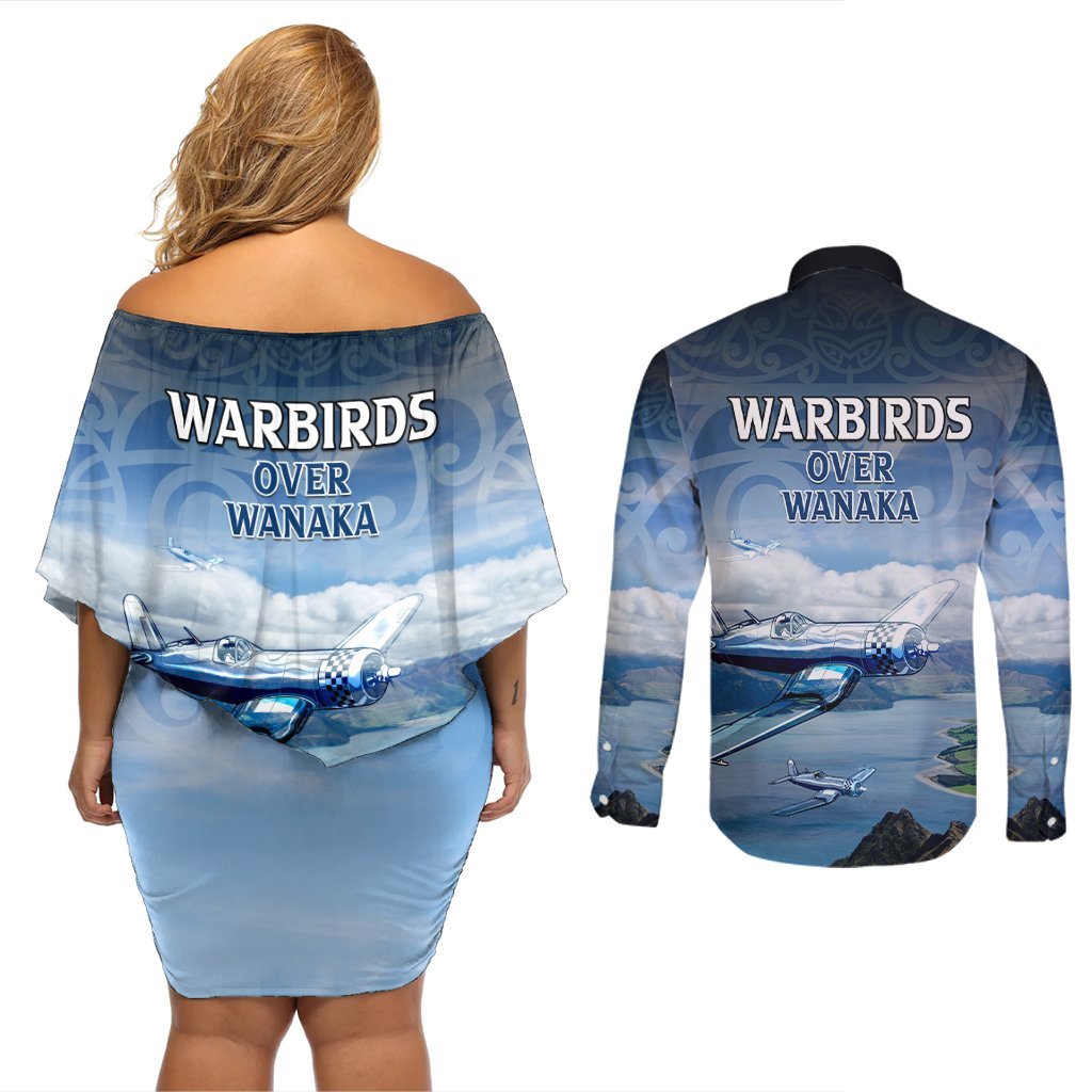 New Zealand Wanaka Air Show Couples Matching Off Shoulder Short Dress and Long Sleeve Button Shirt With Maori Pattern LT05 - Polynesian Pride