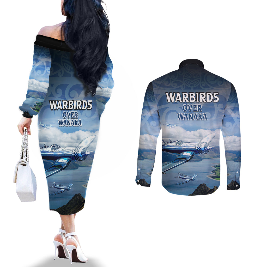 New Zealand Wanaka Air Show Couples Matching Off The Shoulder Long Sleeve Dress and Long Sleeve Button Shirt With Maori Pattern