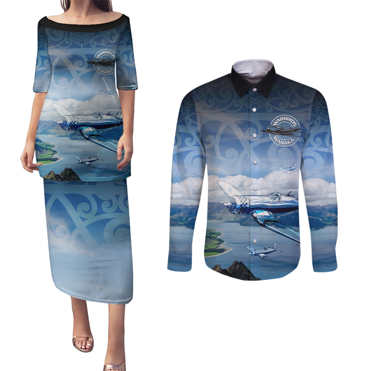 New Zealand Wanaka Air Show Couples Matching Puletasi and Long Sleeve Button Shirt With Maori Pattern