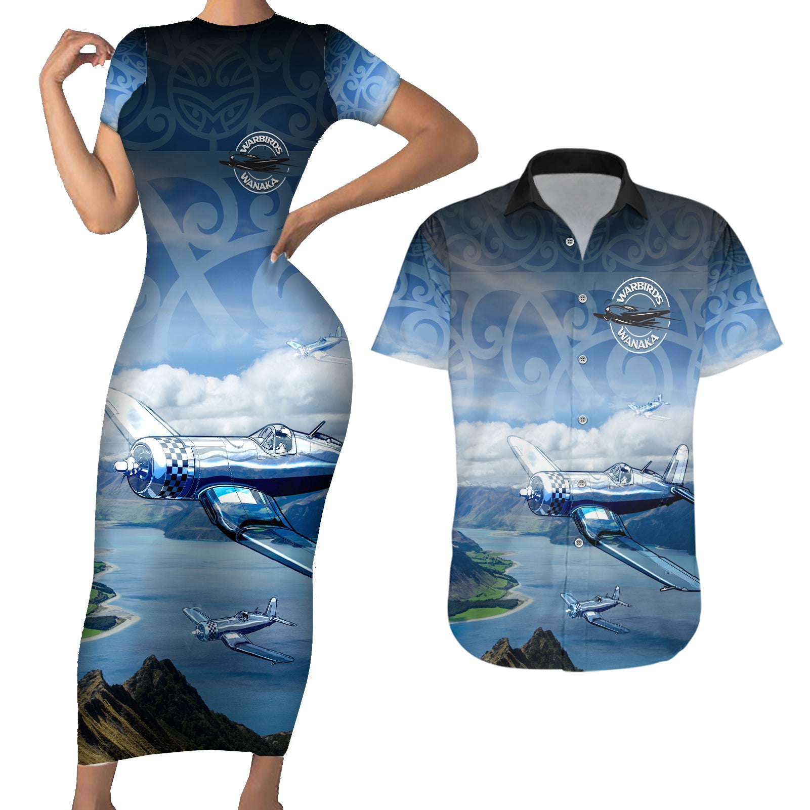 New Zealand Wanaka Air Show Couples Matching Short Sleeve Bodycon Dress and Hawaiian Shirt With Maori Pattern