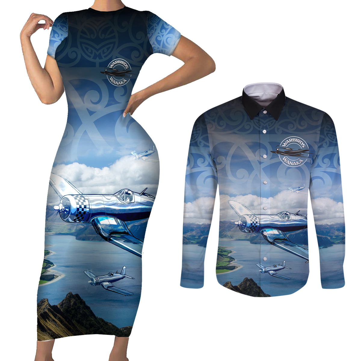 New Zealand Wanaka Air Show Couples Matching Short Sleeve Bodycon Dress and Long Sleeve Button Shirt With Maori Pattern