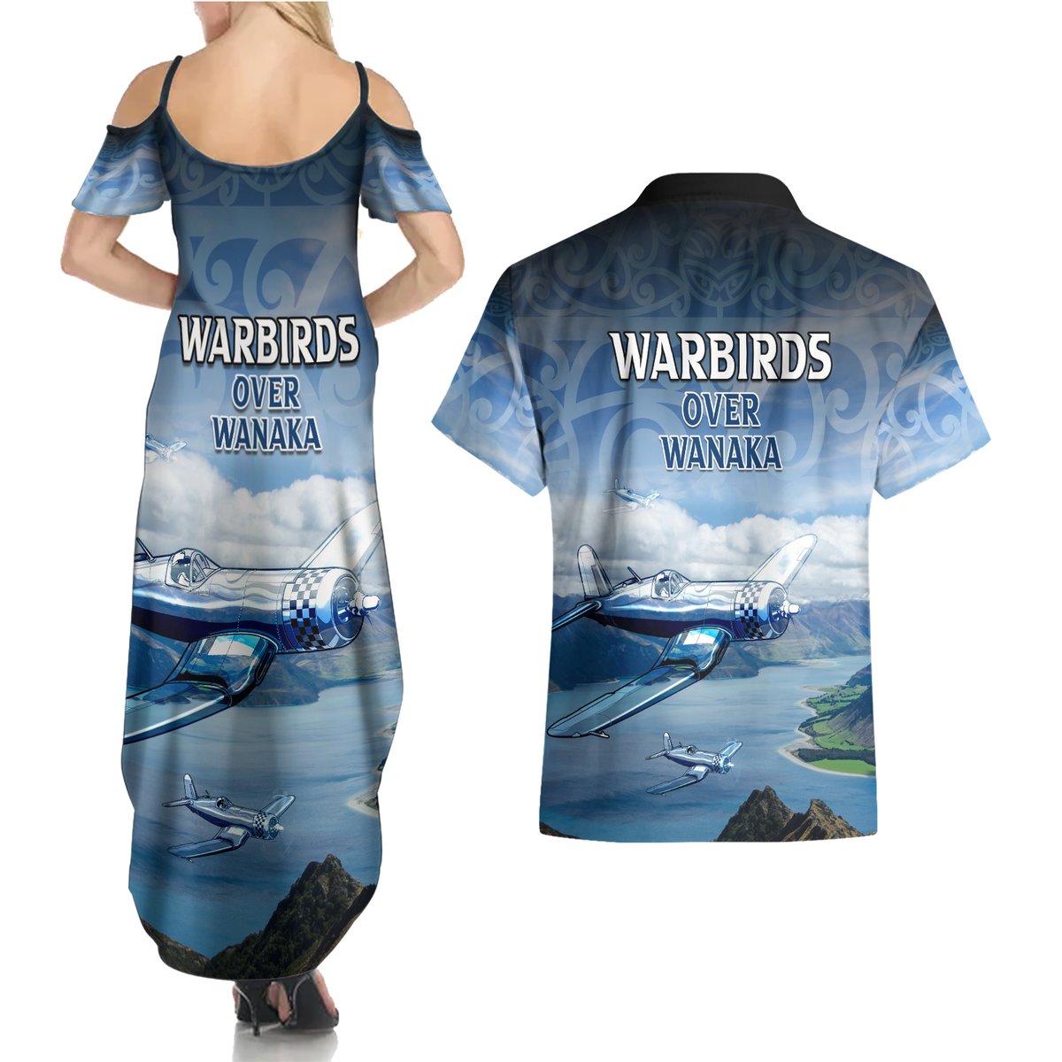 New Zealand Wanaka Air Show Couples Matching Summer Maxi Dress and Hawaiian Shirt With Maori Pattern